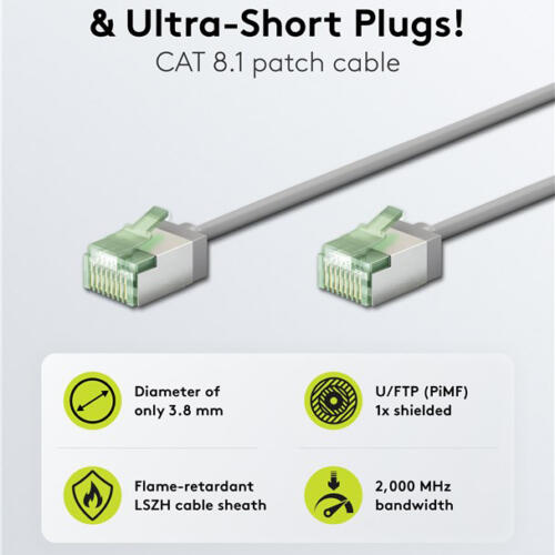 GOOBAY καλώδιο δικτύου 74344, CAT 8.1 U/FTP, ultra slim, copper, 40Gbps, 0.25m, γκρι