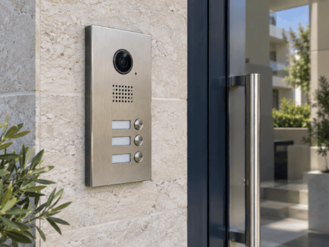 IP μπουτονιέρα με κάμερα δίπλα σε γυάλινη είσοδο κτιρίου, ενδεικτική απεικόνιση